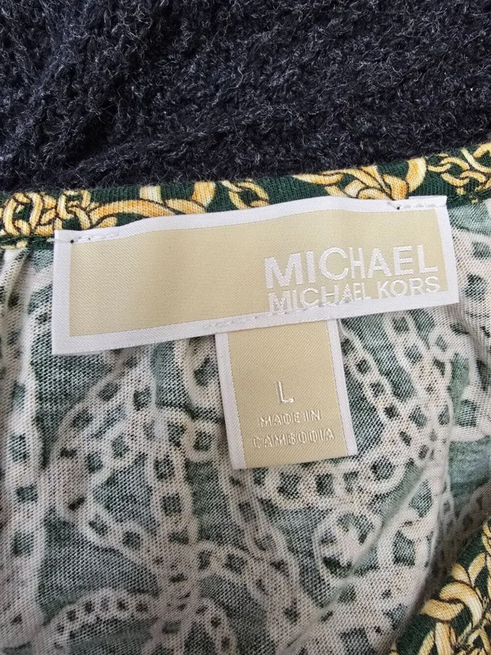 Michael Kors Green Gold Chainlink 3/4 Ruffle Sleeve Boxy Scoop Neck Top Women L